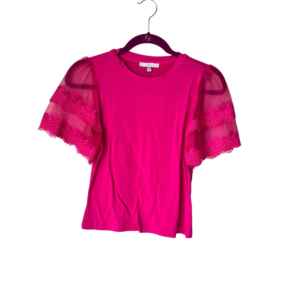 IRIS Womens Hot Pink Sheer Lace Puff Sleeve Knit Top IT91571 Fuchsia Small